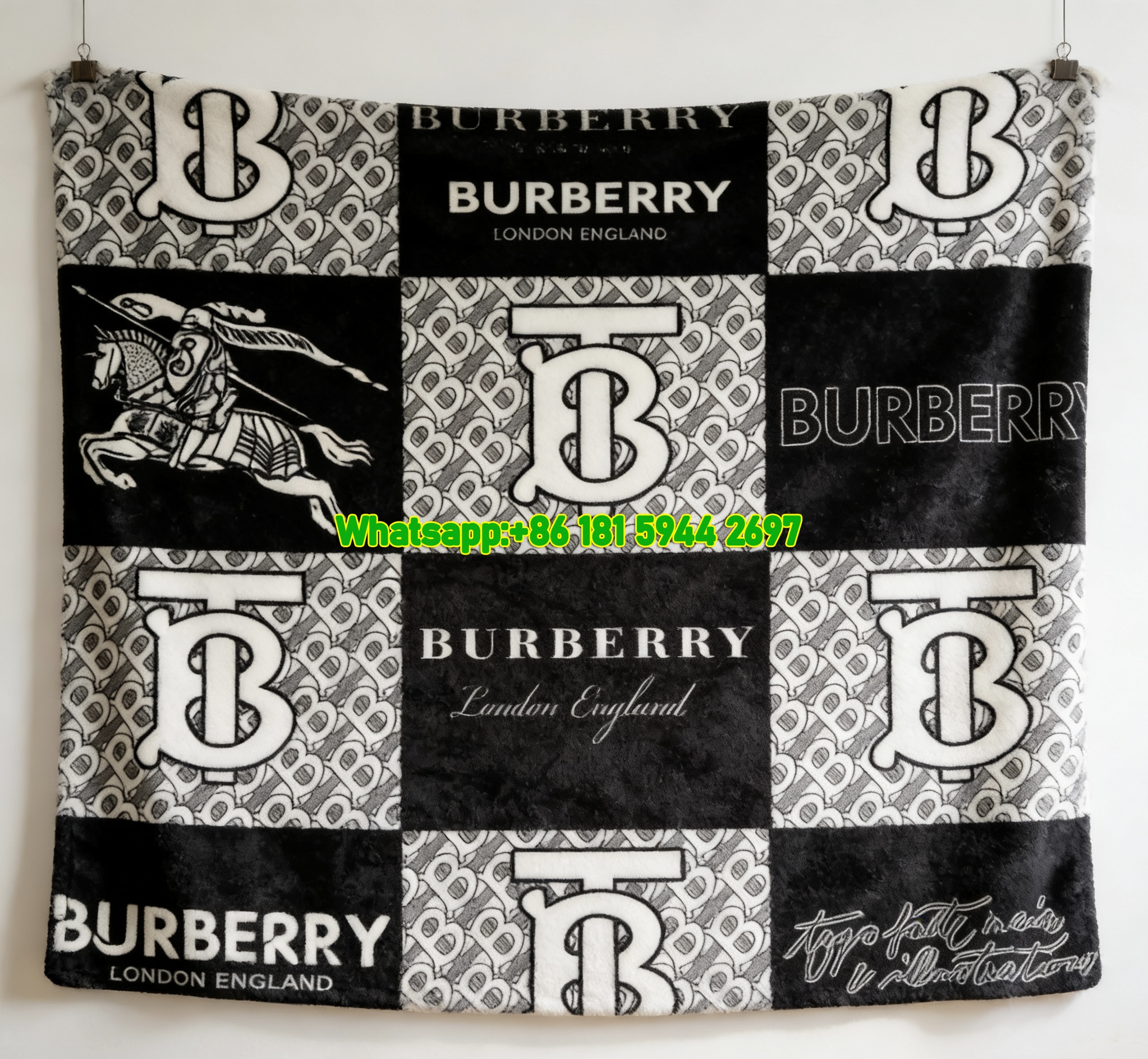 Burberry TB Monogram & Equestrian Knight Patchwork Print Flannel Sofa Throw Blanket B084